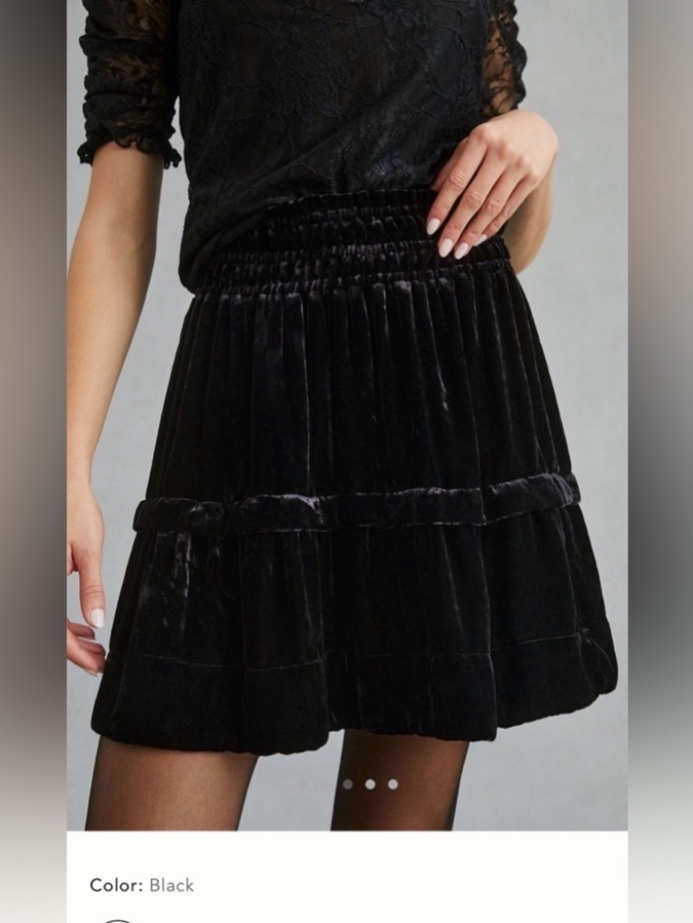 Anthropologie Black Velvet Somerset Mini Skirt A-line Ruched Stretch Waist Band